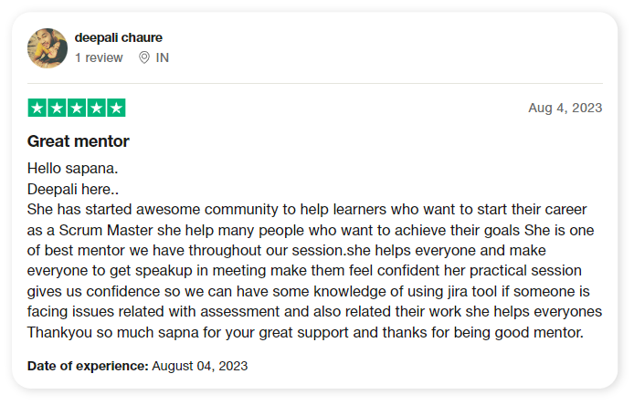 Deepali Chaure Trustpilot review: Great mentor