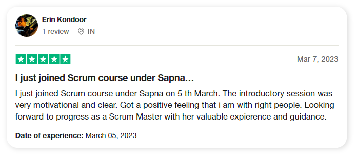 Erin Kondoor Trustpilot review: I just joined Scrum course under Sapna