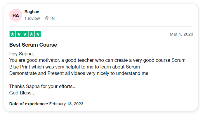 Raghav Trustpilot review: Best Scrum Course