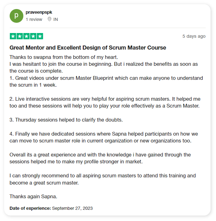 praveenpspk Trustpilot review: Great Mentor and Excellent Design of Scrum Master Course