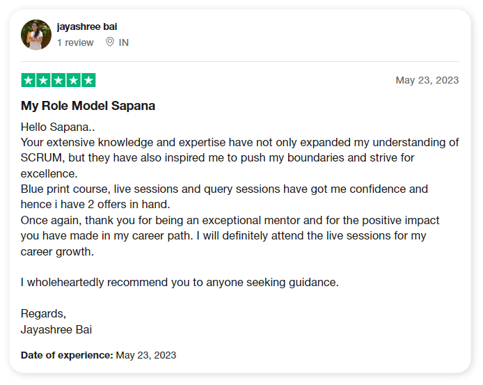 Jayashree Bai Trustpilot review: My Role Model Sapana